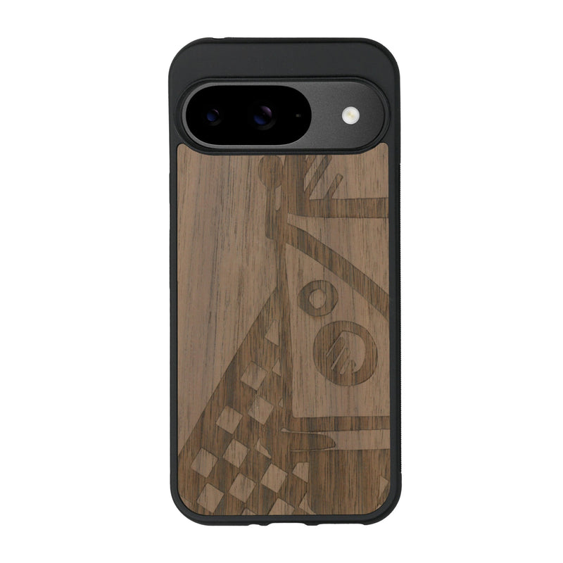 Coque de protection en bois véritable fabriquée en France pour Google Pixel 9 Pro sur le thème du voyage avec un van combi