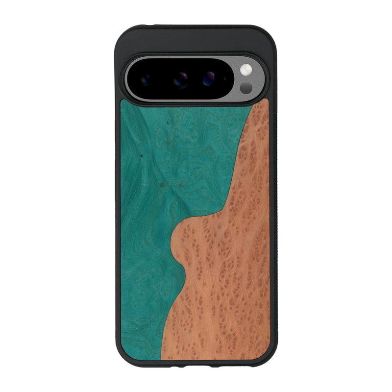 Coque de protection en bois véritable fabriquée en France pour Google Pixel 9 Pro XL alliant plusieurs essences de bois pour représenter une plage paradisiaque