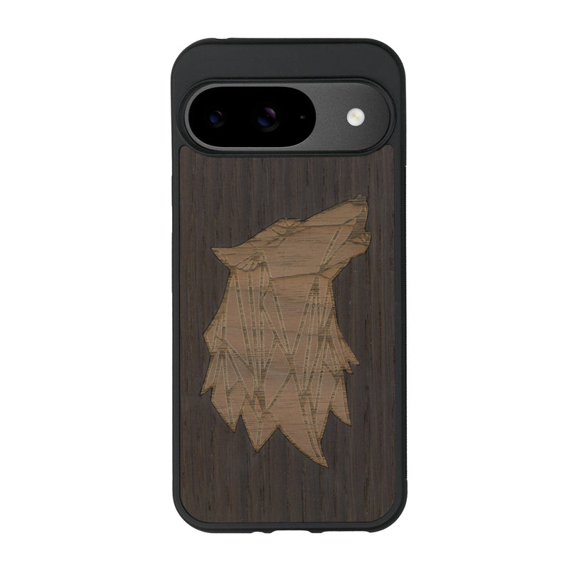 Coque de protection en bois véritable fabriquée en France pour Google Pixel 9 Pro XL alliant du chêne fumé et du noyer représentant une tête de loup géométrique de profil sur le thème des animaux et de la nature