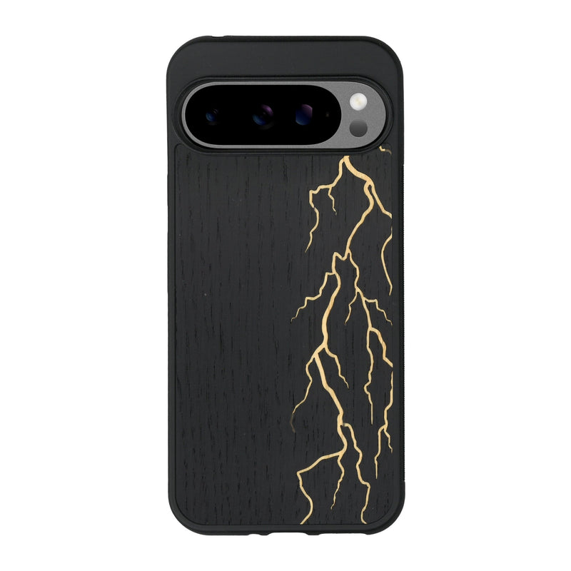 Coque de protection en bois véritable fabriquée en France pour Google Pixel 9 Pro XL alliant plusieurs essences de bois pour représenter un éclair divin