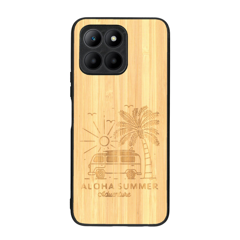 Coque de protection en bois véritable fabriquée en France pour Honor 70 Lite sur le thème de la plage, de l'été et vanlife.