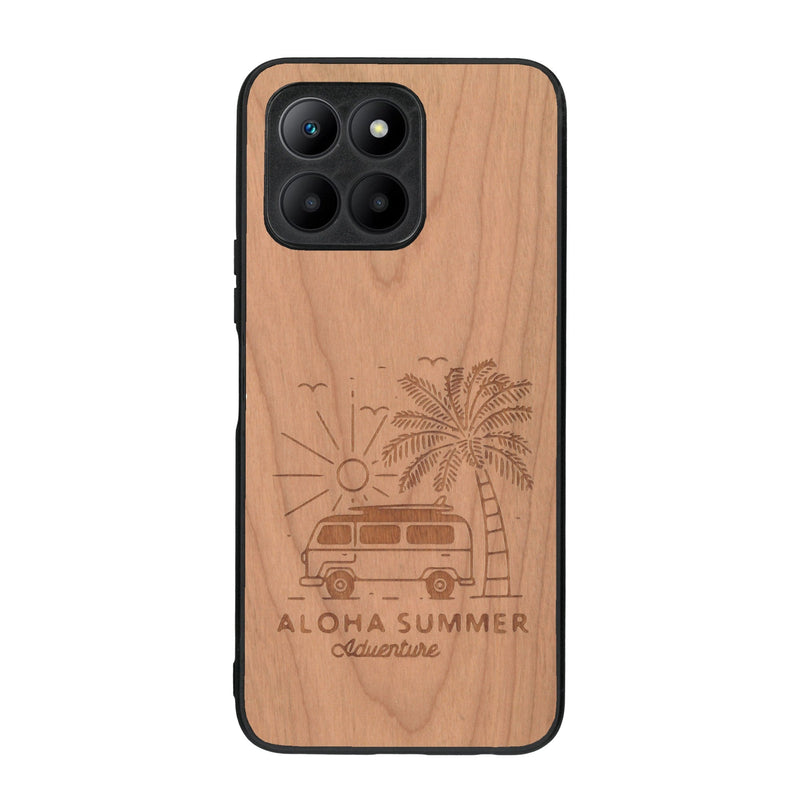 Coque de protection en bois véritable fabriquée en France pour Honor 70 Lite sur le thème de la plage, de l'été et vanlife.