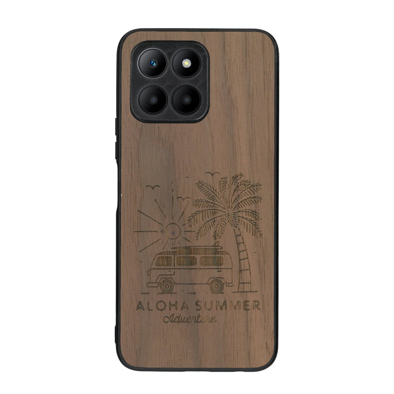 Coque de protection en bois véritable fabriquée en France pour Honor 70 Lite sur le thème de la plage, de l'été et vanlife.