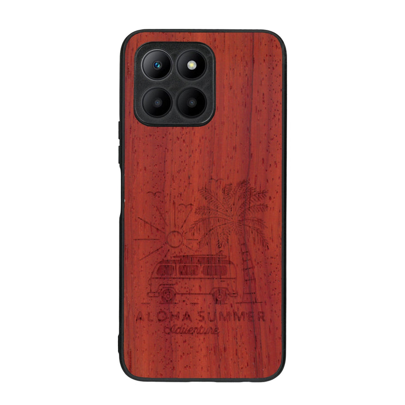 Coque de protection en bois véritable fabriquée en France pour Honor 70 Lite sur le thème de la plage, de l'été et vanlife.