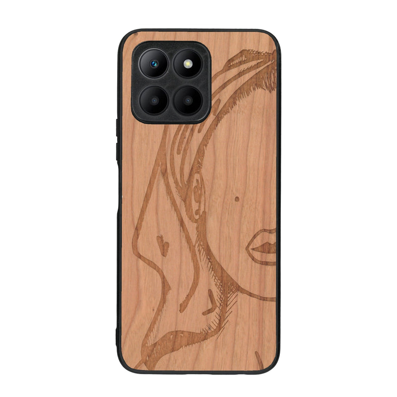 Coque de protection en bois véritable fabriquée en France pour Honor 70 Lite représentant une silhouette féminine épurée de type line art en collaboration avec l'artiste Maud Dabs