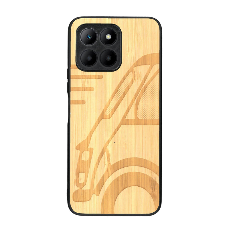 Coque de protection en bois véritable fabriquée en France pour Honor 70 Lite sur le thème de l'automobile avec une authentique Mini Cooper