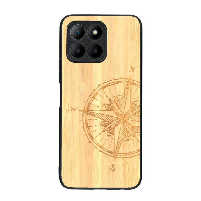 Coque de protection en bois véritable fabriquée en France pour Honor 70 Lite avec une gravure "rose des vents" sur le thème nautique et de l'océan qui s'inspire des boussoles de pirate