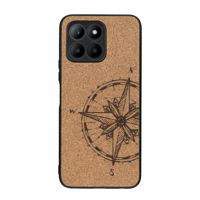 Coque de protection en bois véritable fabriquée en France pour Honor 70 Lite avec une gravure "rose des vents" sur le thème nautique et de l'océan qui s'inspire des boussoles de pirate