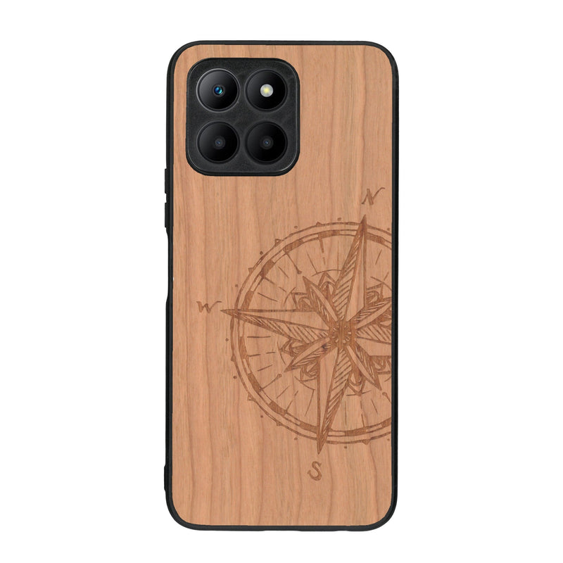 Coque de protection en bois véritable fabriquée en France pour Honor 70 Lite avec une gravure "rose des vents" sur le thème nautique et de l'océan qui s'inspire des boussoles de pirate