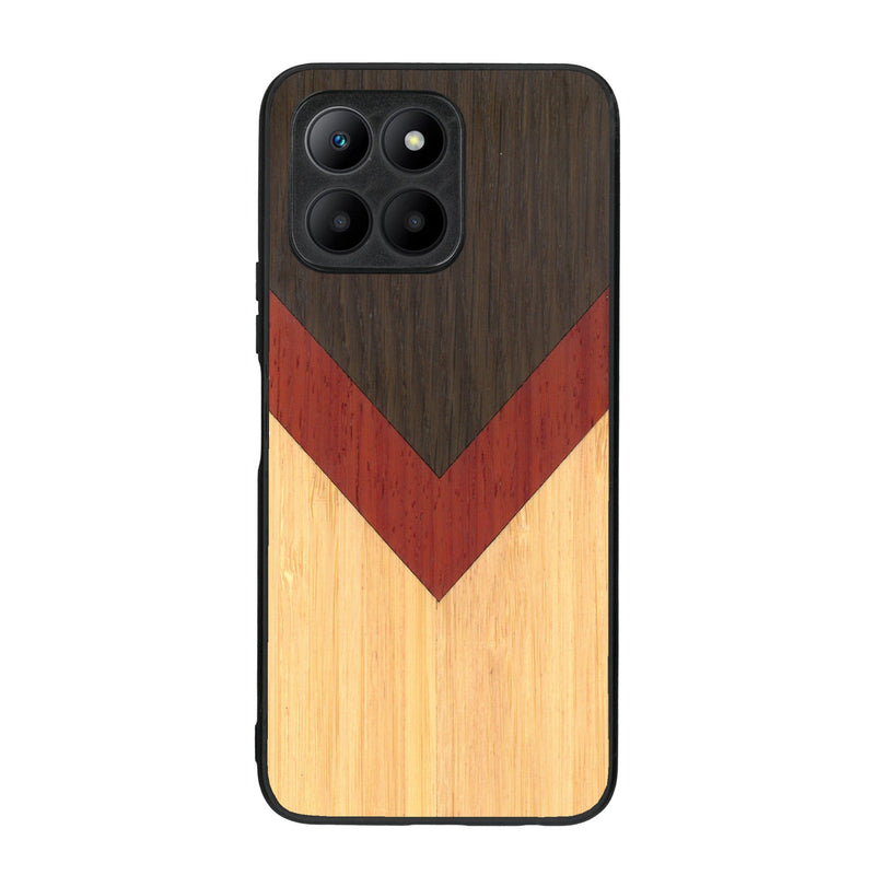 Coque de protection en bois véritable fabriquée en France pour Honor 70 Lite alliant du chêne fumé, du padouk et du bambou en forme de chevron sur le thème de l'art abstrait