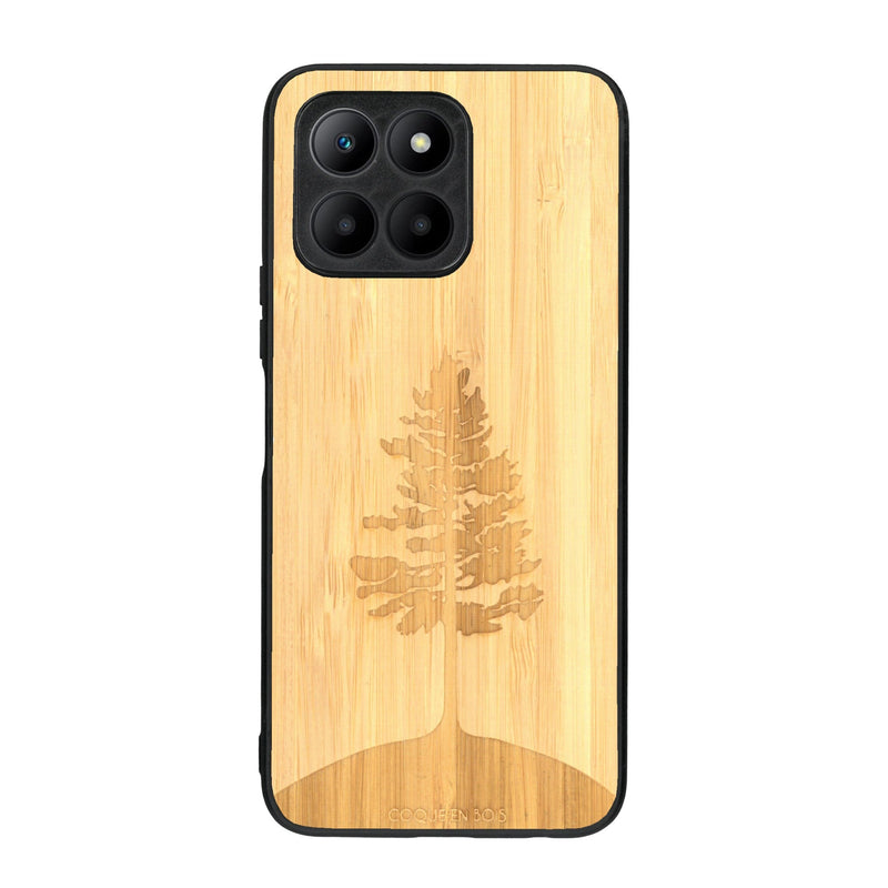 Coque de protection en bois véritable fabriquée en France pour Honor 70 Lite sur le thème de la nature, de la fôret et de l'écoresponsabilité avec une gravure représentant un arbre 