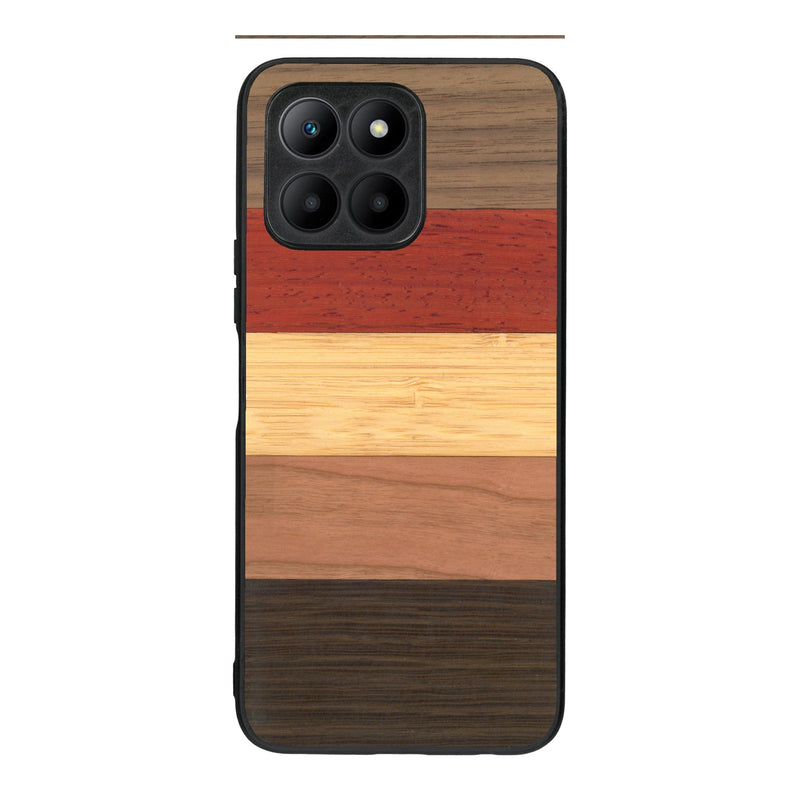 Coque de protection en bois véritable fabriquée en France pour Honor 70 Lite alliant des bandes horizontales de bambou, merisier, padouk, noyer et chêne fumé