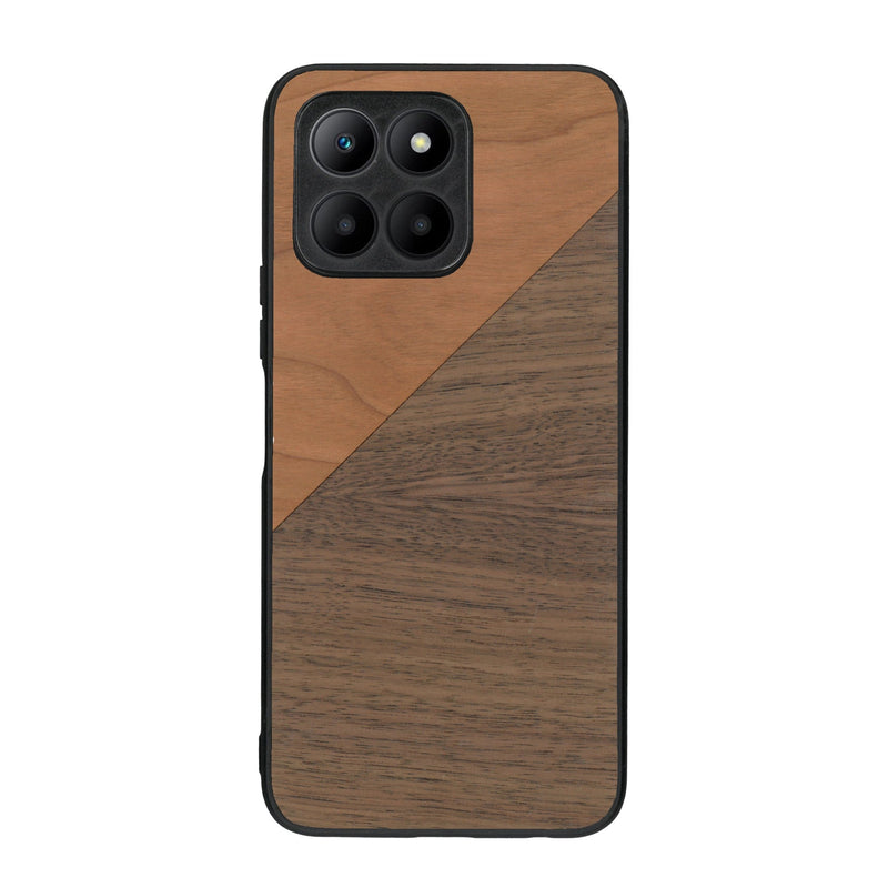 Coque de protection en bois véritable fabriquée en France pour Honor 70 Lite alliant du merisier et du noyer formant chacun un triangle avec une jointure en diagonale sur le thème de l'art abstrait