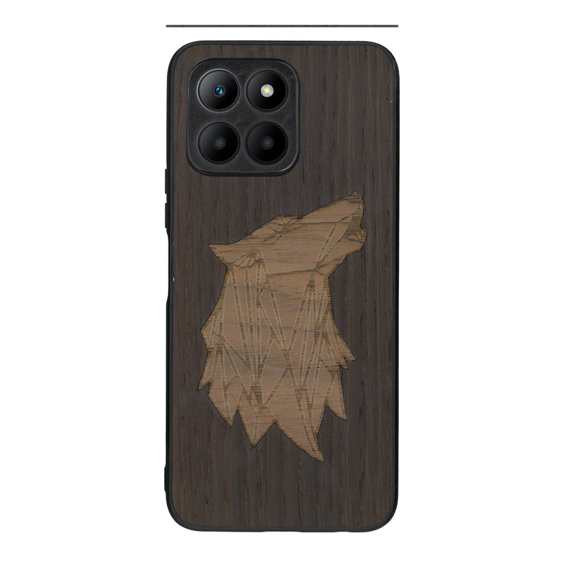 Coque de protection en bois véritable fabriquée en France pour Honor 70 Lite alliant du chêne fumé et du noyer représentant une tête de loup géométrique de profil sur le thème des animaux et de la nature