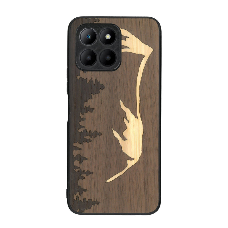 Coque de protection en bois véritable fabriquée en France pour Honor 70 Lite sur le thème de la nature et de la montagne qui allie du chêne fumé, du noyer et du bambou représentant le mont mézenc