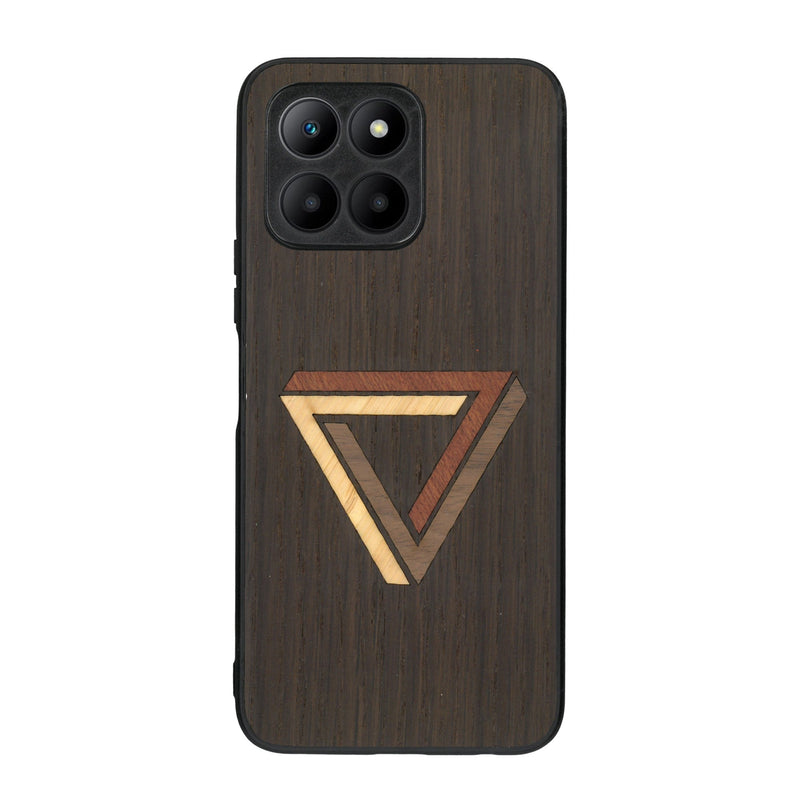 Coque de protection en bois véritable fabriquée en France pour Honor 70 Lite sur le thème de l'art géométrique qui allie du chêne fumé, du noyer, du bambou et du padouk représentant le triangle de penrose