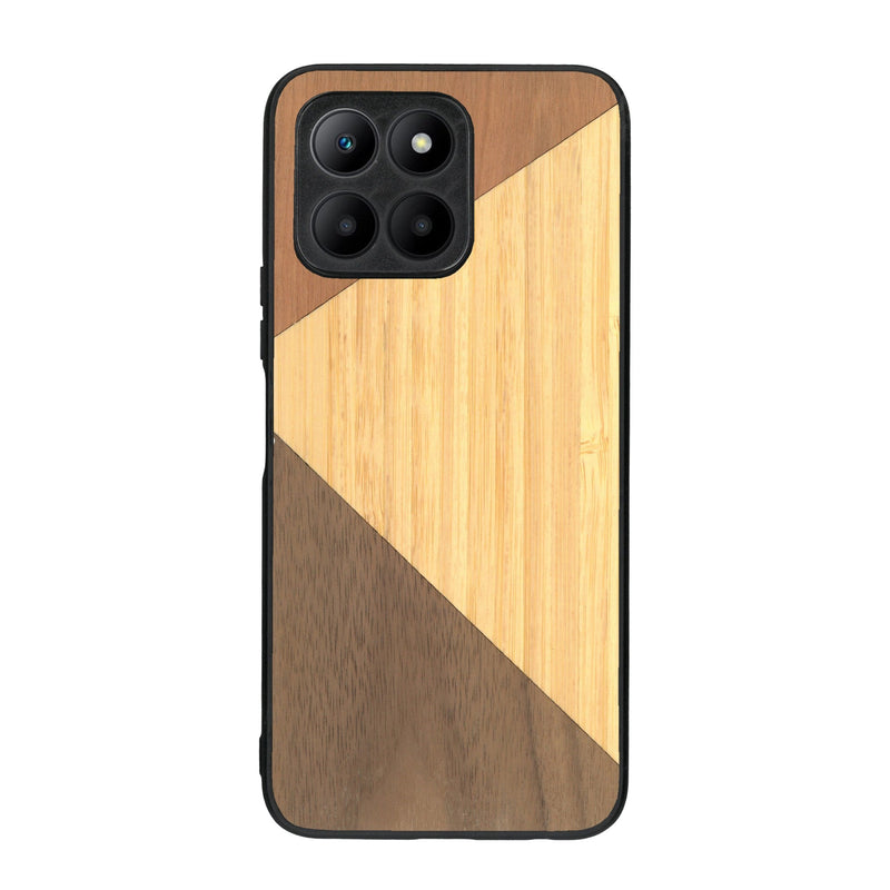 Coque de protection en bois véritable fabriquée en France pour Honor 70 Lite alliant du merisier, du noyer et du bambou formant chacun deux triangles et un trapèze avec deux jointures en diagonale sur le thème de l'art abstrait