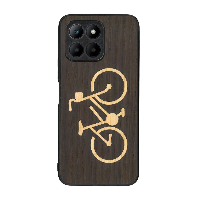 Coque de protection en bois véritable fabriquée en France pour Honor 70 Lite sur le theme du vélo et de l'outdoor qui allie du bambou et du chêne fumé représentant un vélo