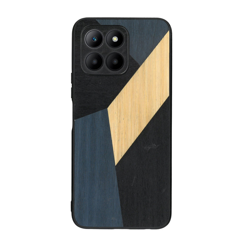 Coque de protection en bois véritable fabriquée en France pour Honor 70 Lite alliant du bambou, du tulipier bleu et noir en forme de mosaïque minimaliste sur le thème de l'art abstrait