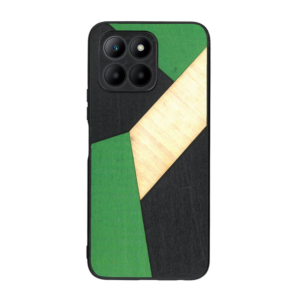 Coque de protection en bois véritable fabriquée en France pour Honor 70 Lite alliant du bambou, du tulipier vert et noir en forme de mosaïque minimaliste sur le thème de l'art abstrait