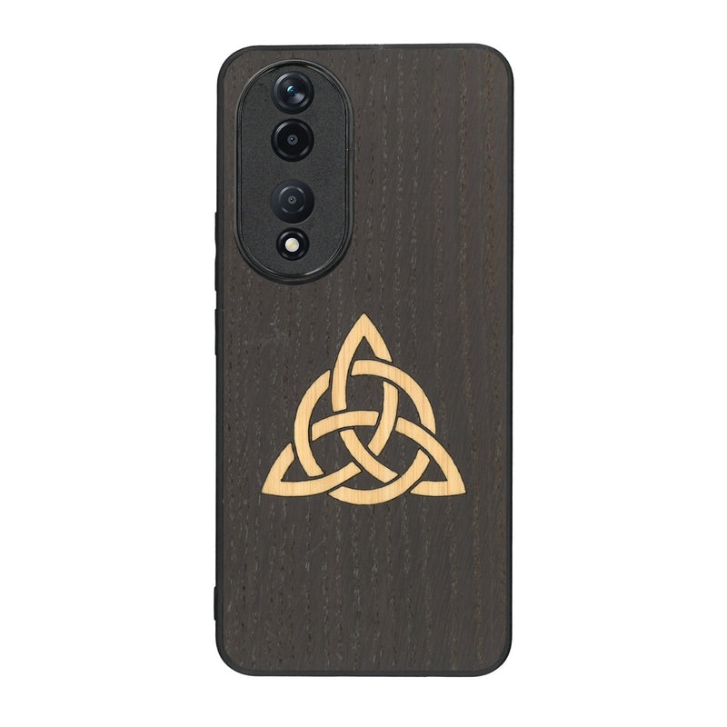 Coque de protection en bois véritable fabriquée en France pour Honor 90 alliant du chêne fumé et du bambou représentant une triquetra