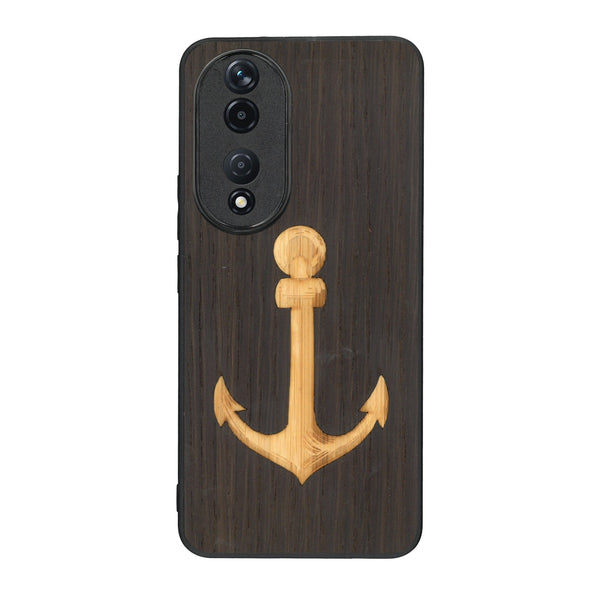 Coque de protection en bois véritable fabriquée en France pour Honor 90 sur le thème nautique avec un bois clair et un bois foncé représentant une ancre de bateau