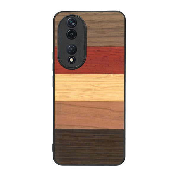 Coque de protection en bois véritable fabriquée en France pour Honor 90 alliant des bandes horizontales de bambou, merisier, padouk, noyer et chêne fumé