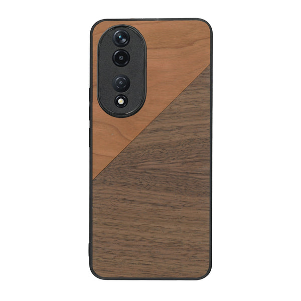 Coque de protection en bois véritable fabriquée en France pour Honor 90 alliant du merisier et du noyer formant chacun un triangle avec une jointure en diagonale sur le thème de l'art abstrait