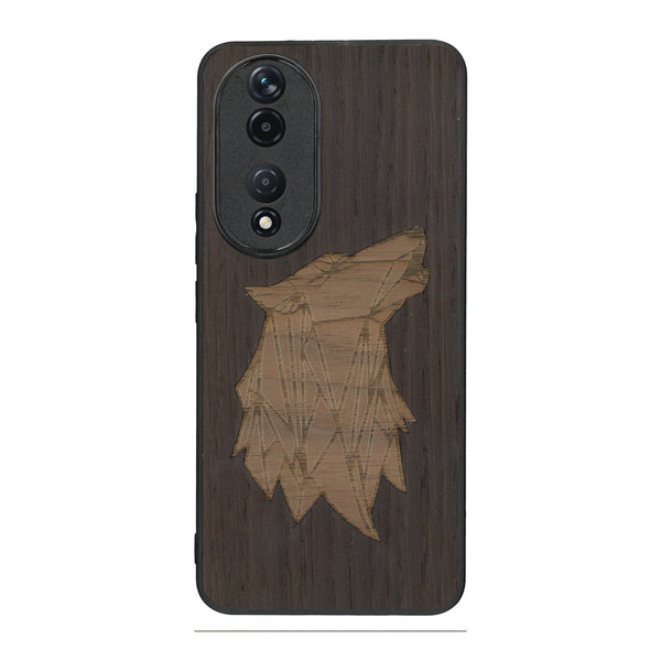 Coque de protection en bois véritable fabriquée en France pour Honor 90 alliant du chêne fumé et du noyer représentant une tête de loup géométrique de profil sur le thème des animaux et de la nature