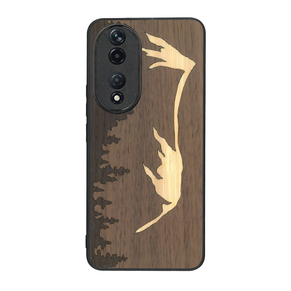 Coque de protection en bois véritable fabriquée en France pour Honor 90 sur le thème de la nature et de la montagne qui allie du chêne fumé, du noyer et du bambou représentant le mont mézenc