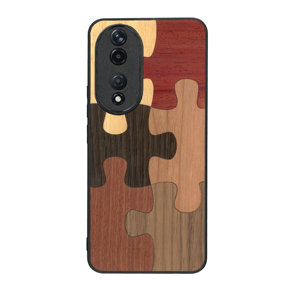 Coque de protection en bois véritable fabriquée en France pour Honor 90 représentant un puzzle en six pièces qui allie du chêne fumé, du noyer, du bambou, du padouk, du merisier et de l'acajou