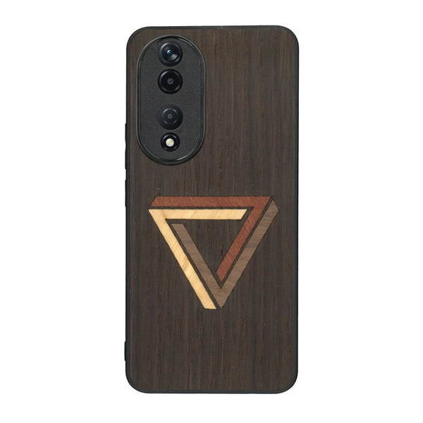 Coque de protection en bois véritable fabriquée en France pour Honor 90 sur le thème de l'art géométrique qui allie du chêne fumé, du noyer, du bambou et du padouk représentant le triangle de penrose