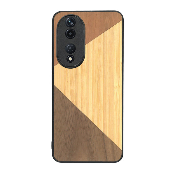 Coque de protection en bois véritable fabriquée en France pour Honor 90 alliant du merisier, du noyer et du bambou formant chacun deux triangles et un trapèze avec deux jointures en diagonale sur le thème de l'art abstrait