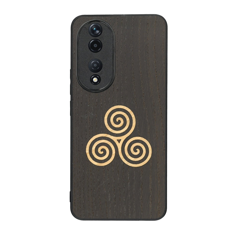 Coque de protection en bois véritable fabriquée en France pour Honor 90 alliant du chêne fumé et du bambou et doré représentant un triskell