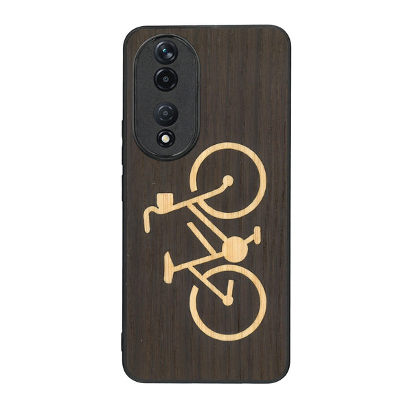 Coque de protection en bois véritable fabriquée en France pour Honor 90 sur le theme du vélo et de l'outdoor qui allie du bambou et du chêne fumé représentant un vélo