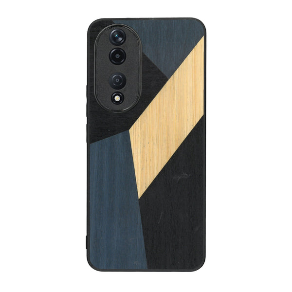 Coque de protection en bois véritable fabriquée en France pour Honor 90 alliant du bambou, du tulipier bleu et noir en forme de mosaïque minimaliste sur le thème de l'art abstrait