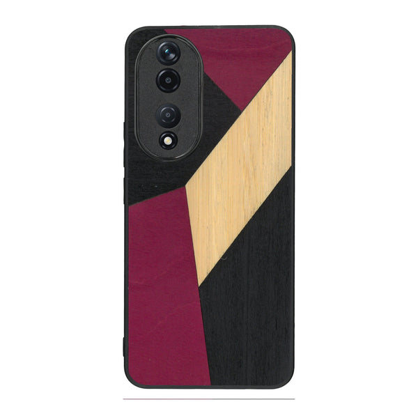 Coque de protection en bois véritable fabriquée en France pour Honor 90 alliant du bambou, du tulipier rose et noir en forme de mosaïque minimaliste sur le thème de l'art abstrait