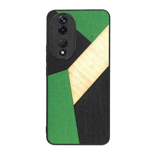 Coque de protection en bois véritable fabriquée en France pour Honor 90 alliant du bambou, du tulipier vert et noir en forme de mosaïque minimaliste sur le thème de l'art abstrait