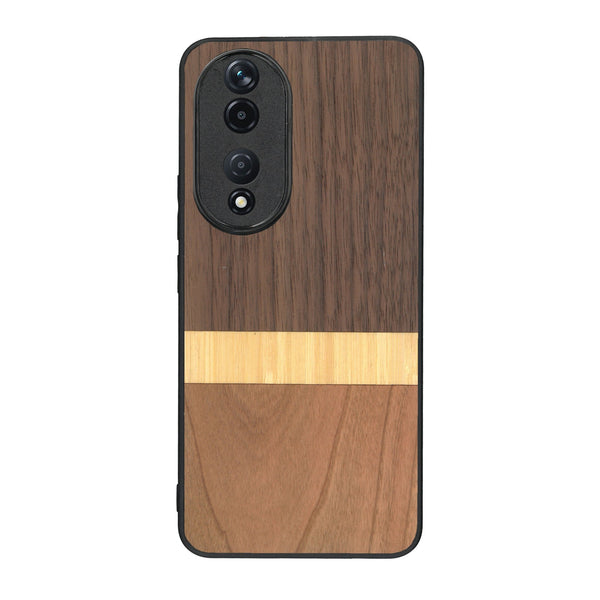 Coque de protection en bois véritable fabriquée en France pour Honor 90 alliant des bandes horizontales de bambou, merisier et noyer