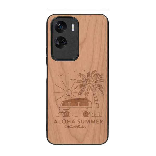 Coque de protection en bois véritable fabriquée en France pour Honor 90 Lite sur le thème de la plage, de l'été et vanlife.