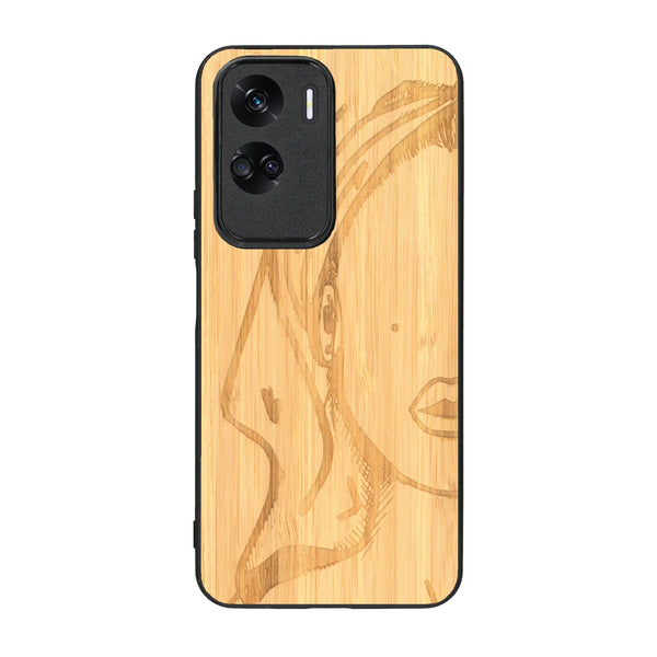 Coque de protection en bois véritable fabriquée en France pour Honor 90 Lite représentant une silhouette féminine épurée de type line art en collaboration avec l'artiste Maud Dabs