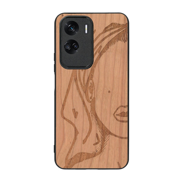 Coque de protection en bois véritable fabriquée en France pour Honor 90 Lite représentant une silhouette féminine épurée de type line art en collaboration avec l'artiste Maud Dabs