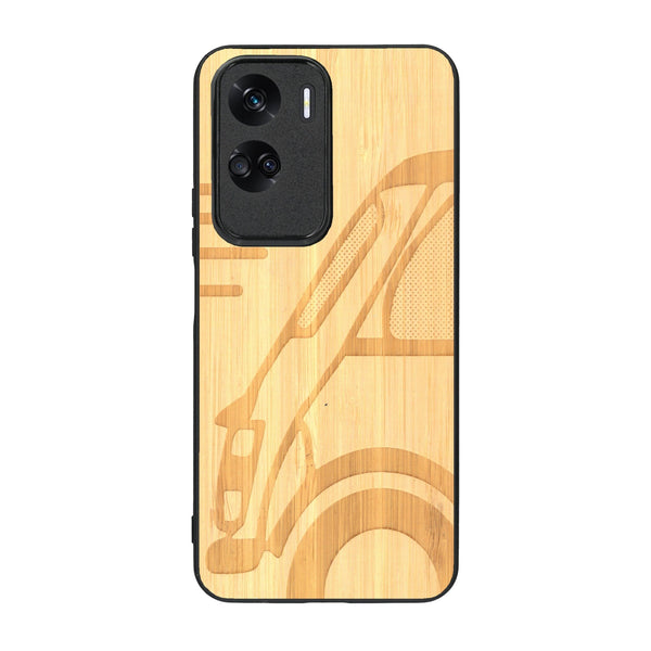 Coque de protection en bois véritable fabriquée en France pour Honor 90 Lite sur le thème de l'automobile avec une authentique Mini Cooper