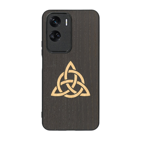 Coque de protection en bois véritable fabriquée en France pour Honor 90 Lite alliant du chêne fumé et du bambou représentant une triquetra