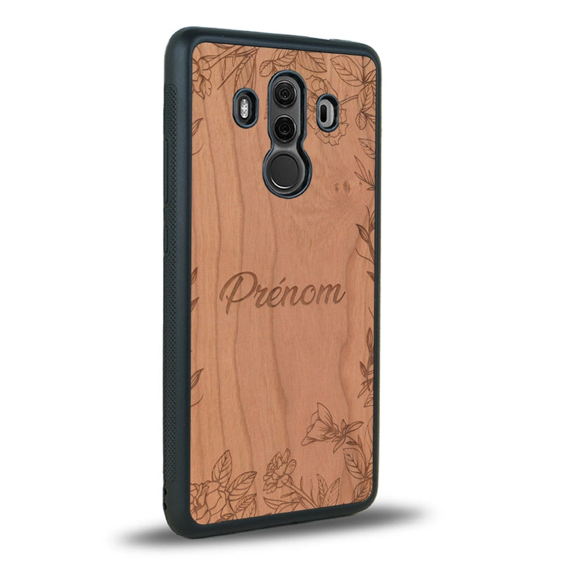 Coque de protection en bois véritable fabriquée en France pour Huawei Mate 10 Pro sur le thème de la fête des mères avec un motif représentant des fleurs et des feuilles