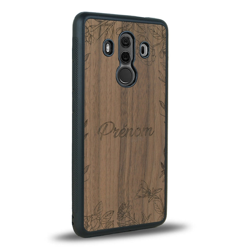 Coque de protection en bois véritable fabriquée en France pour Huawei Mate 10 Pro sur le thème de la fête des mères avec un motif représentant des fleurs et des feuilles