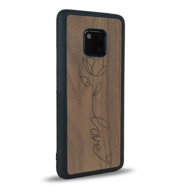 Coque de protection en bois véritable fabriquée en France pour Huawei Mate 20 Pro sur le thème de la fête des mères avec un motif représentant une fleur dont la tige forme le mot "love"