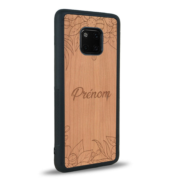 Coque de protection en bois véritable fabriquée en France pour Huawei Mate 20 Pro sur le thème de la fête des mères avec un motif représentant des fleurs et des feuilles