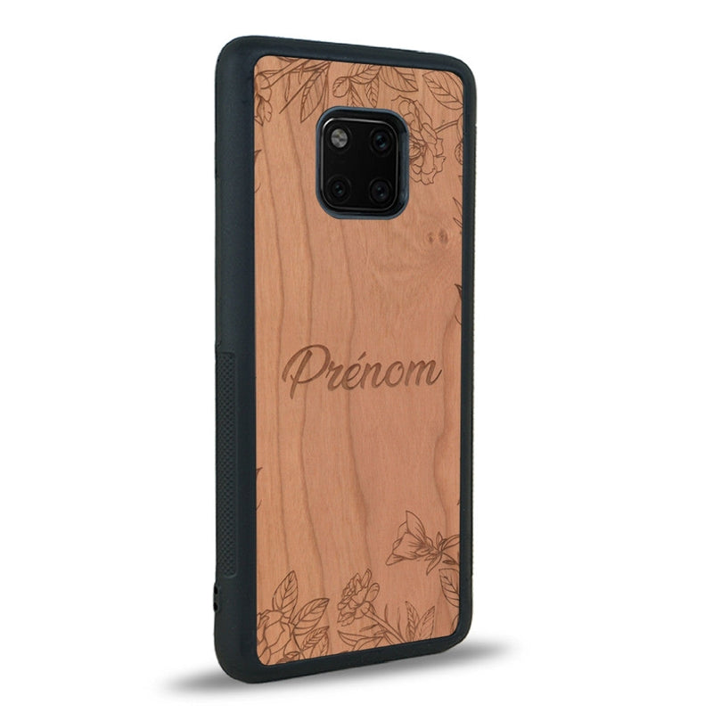 Coque de protection en bois véritable fabriquée en France pour Huawei Mate 20 Pro sur le thème de la fête des mères avec un motif représentant des fleurs et des feuilles