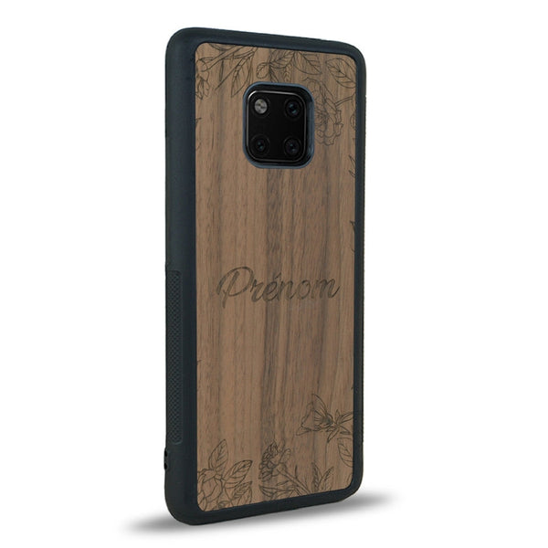 Coque de protection en bois véritable fabriquée en France pour Huawei Mate 20 Pro sur le thème de la fête des mères avec un motif représentant des fleurs et des feuilles